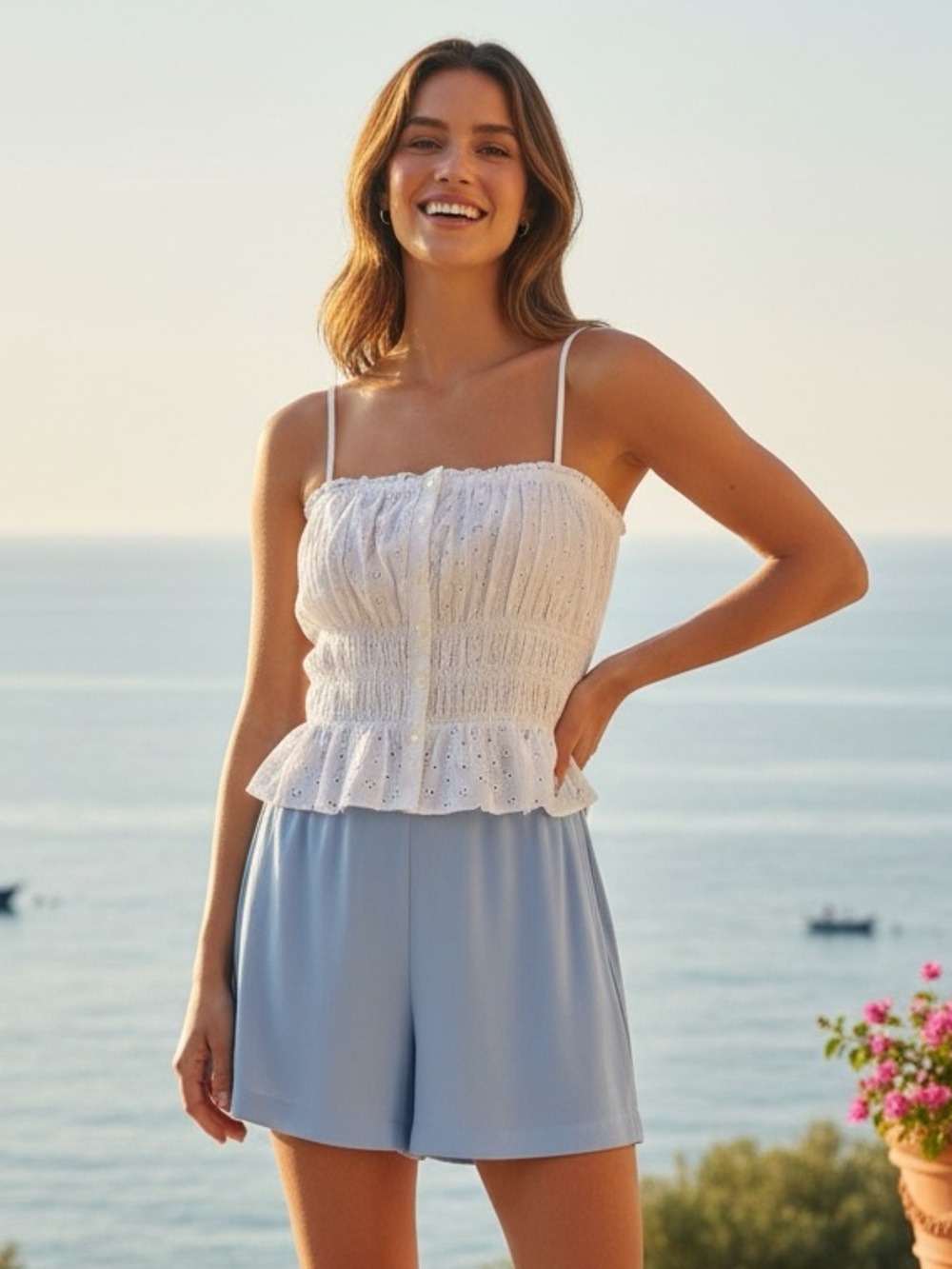 LOFT White Eyelet Button Down Smocked Peplum Cami Top Sz M Cottagecore Aesthetic - Picture 1 of 7